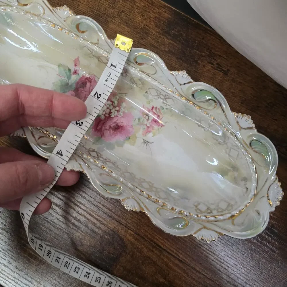 Vintage Floral Celery/Relish Dish Pink Flowers Green Ribbon Gold Trim